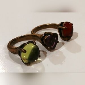 Vintage Brass Double Ring With Three  Glass Stones